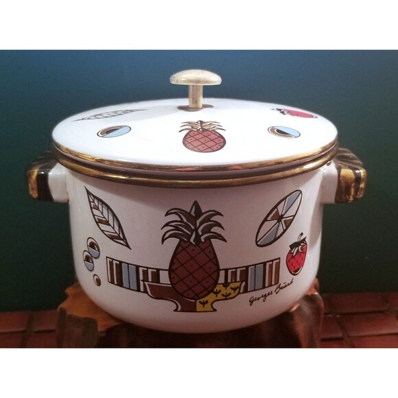 Mid Century Georges Briard Ambrosia Pineapple Porcelain Enamel Kettle & Lid 7" - Picture 1 of 12